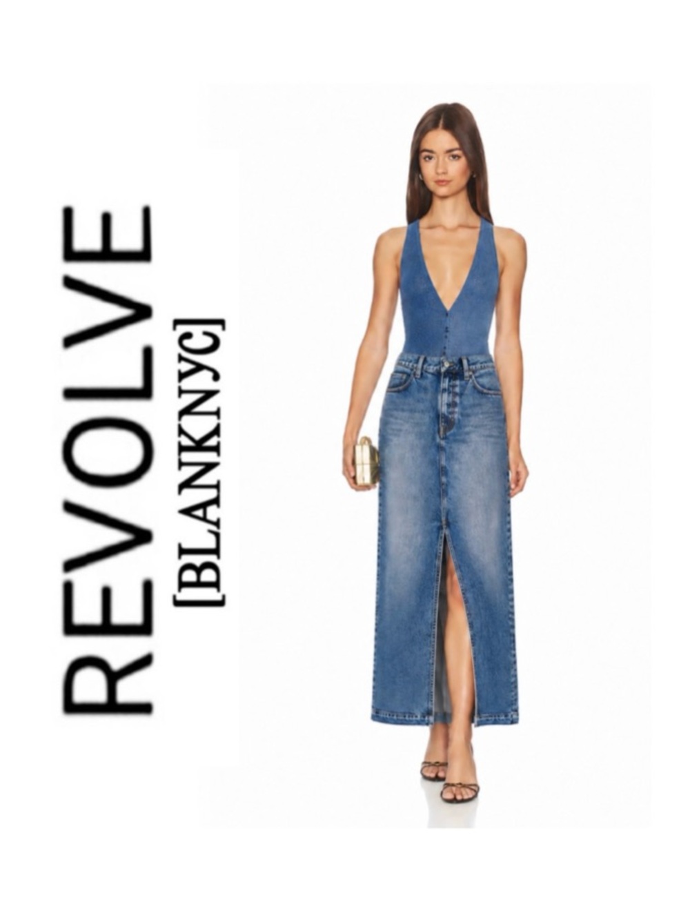 Revolve x BlankNYC Medium Wash High Rise Maxi Denim Skirt with Front Slit